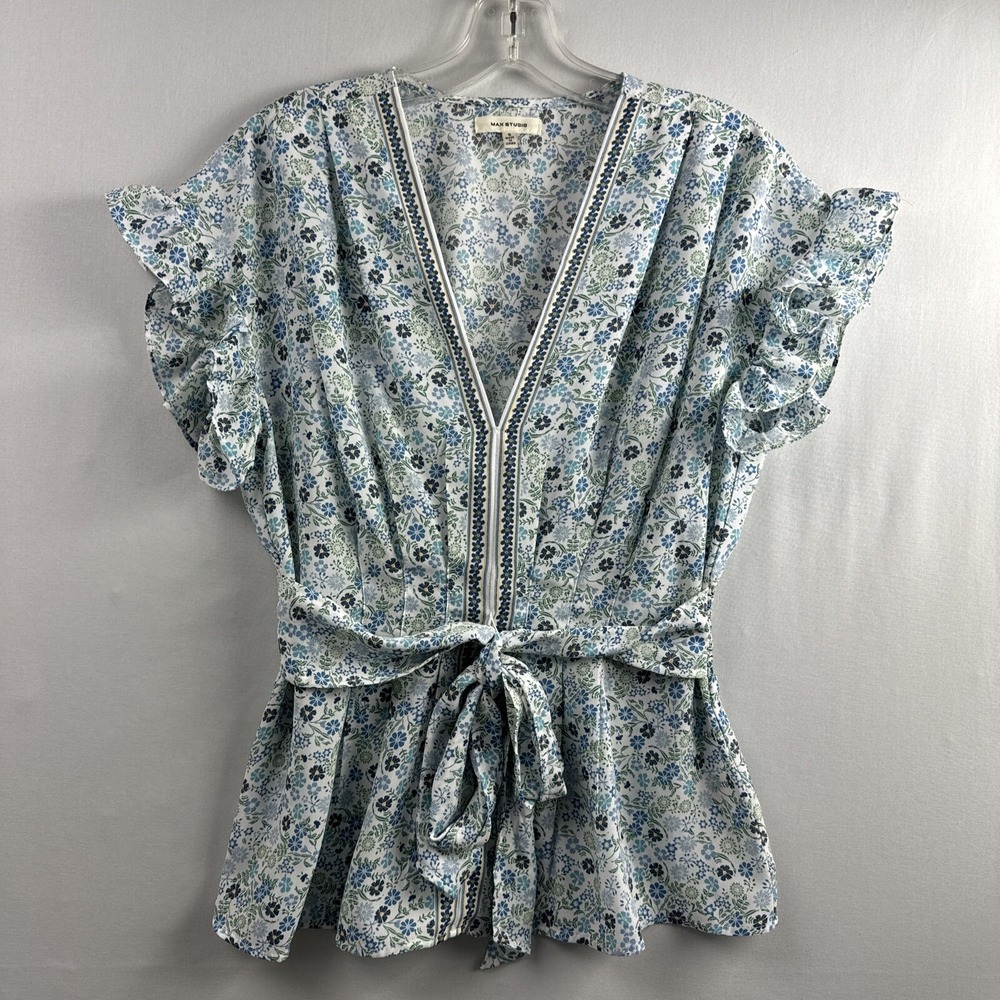 Max Studio Top Women's Floral Ruffle Tie-Waist Blue Cottage Core size Small